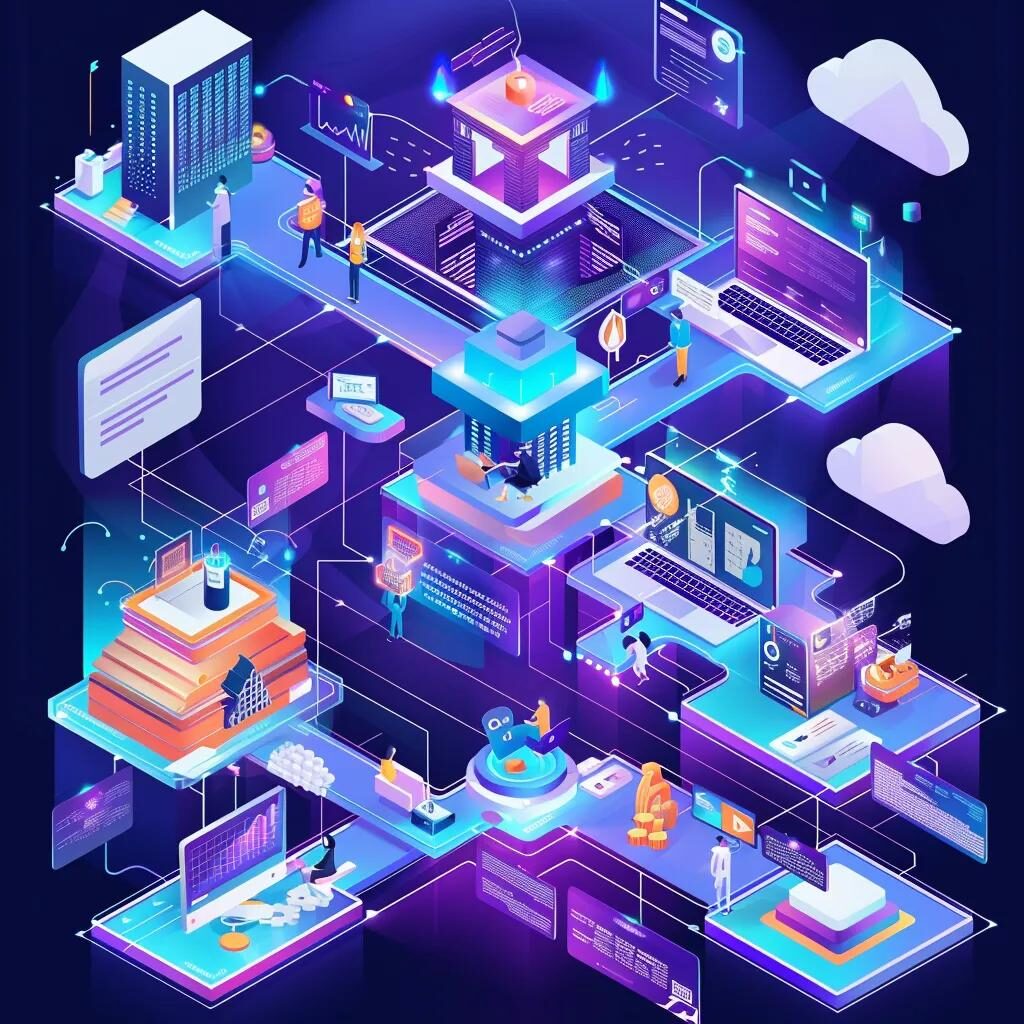 Digital illustration of a futuristic workload orchestration ecosystem featuring microservices, data processing, and cloud integration, highlighting HashiCorp Nomad's capabilities in hybrid-cloud environments.