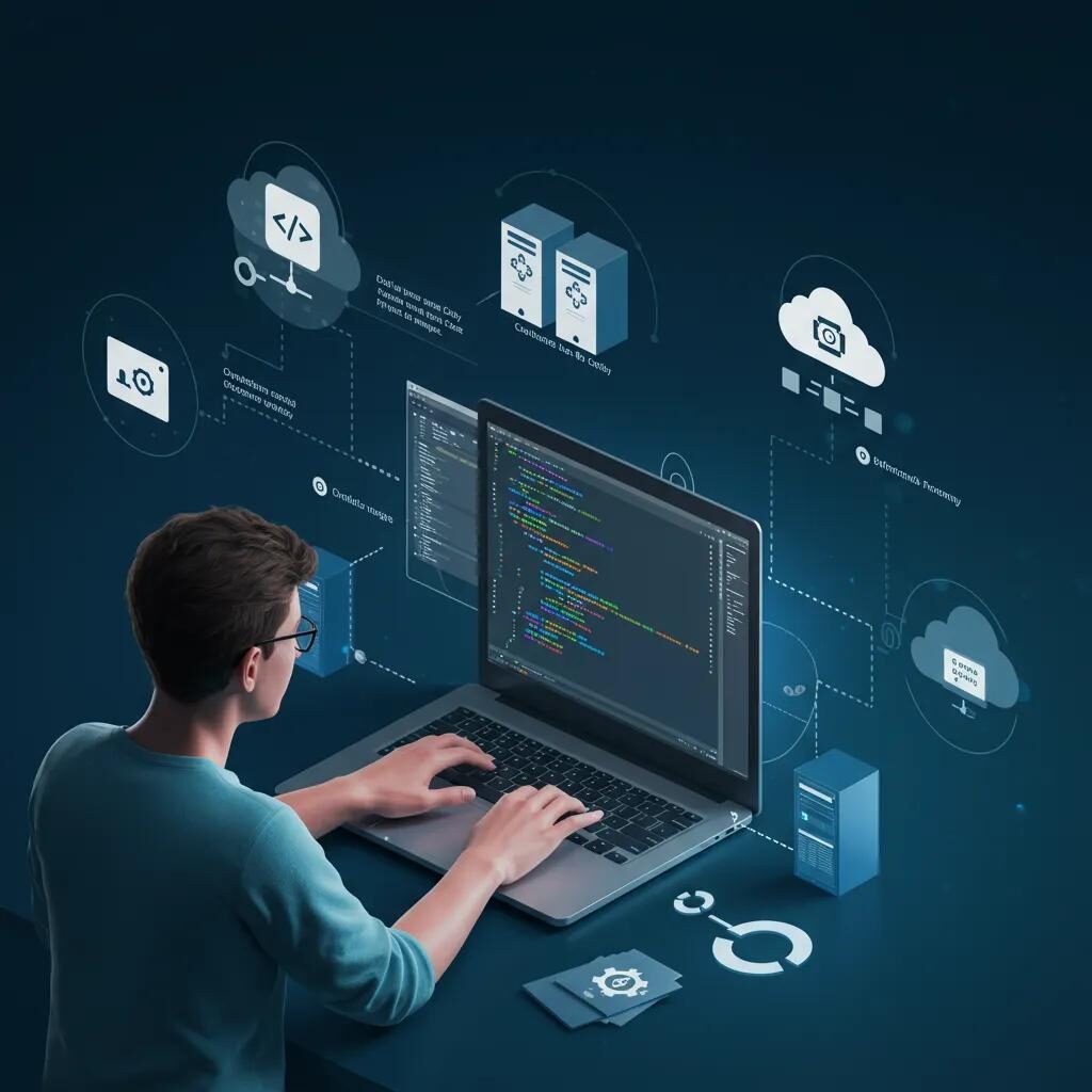 Developer using Terraform for Infrastructure as Code with cloud infrastructure components in the background
