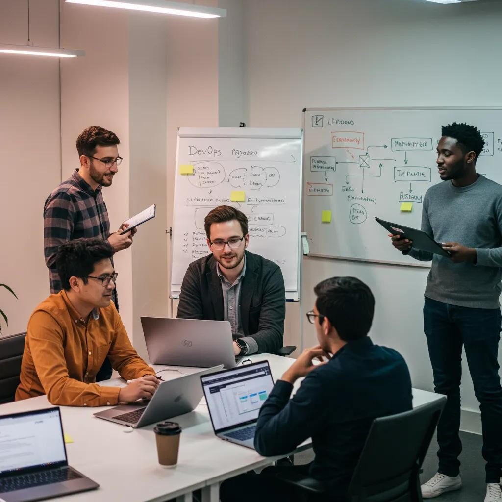 Diverse IT professionals collaborating in a modern workspace, discussing DevOps methodologies and strategies, with laptops open and whiteboard filled with diagrams and notes on continuous delivery and Agile integration.