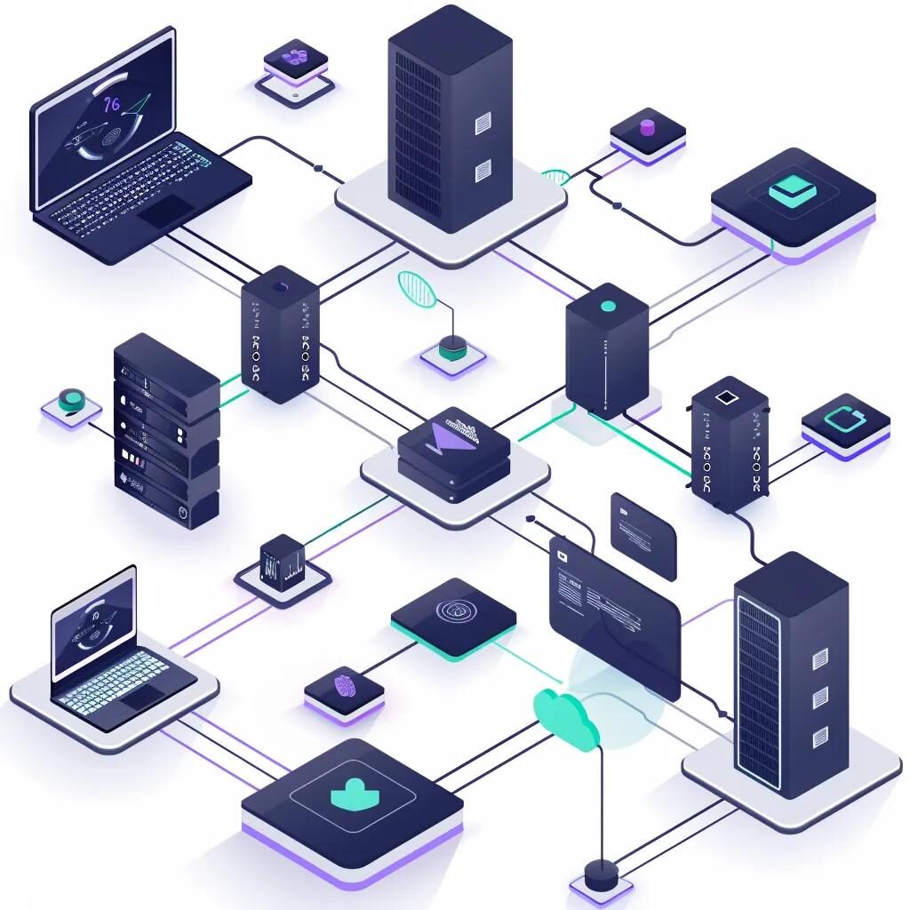 Illustration of a network architecture with interconnected servers, a laptop displaying performance metrics, and various cloud and data icons, representing HashiCorp Nomad's workload orchestration and resource management capabilities.