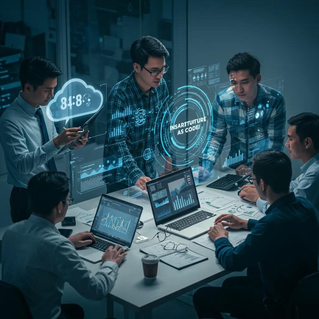 IT professionals collaborating on Infrastructure as Code success stories in a modern workspace