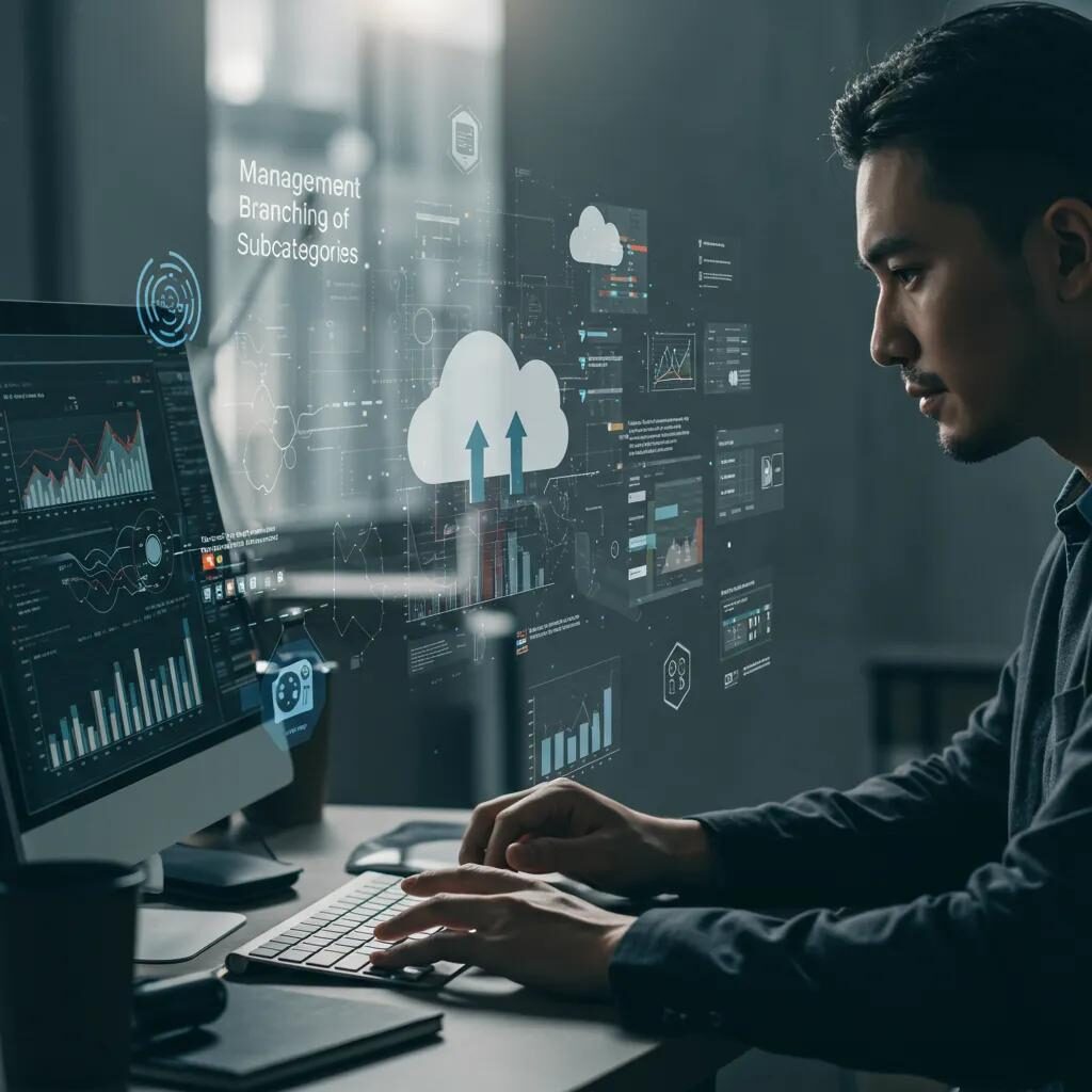 Person analyzing data in a modern workspace focused on cloud technology training and branching subcategories
