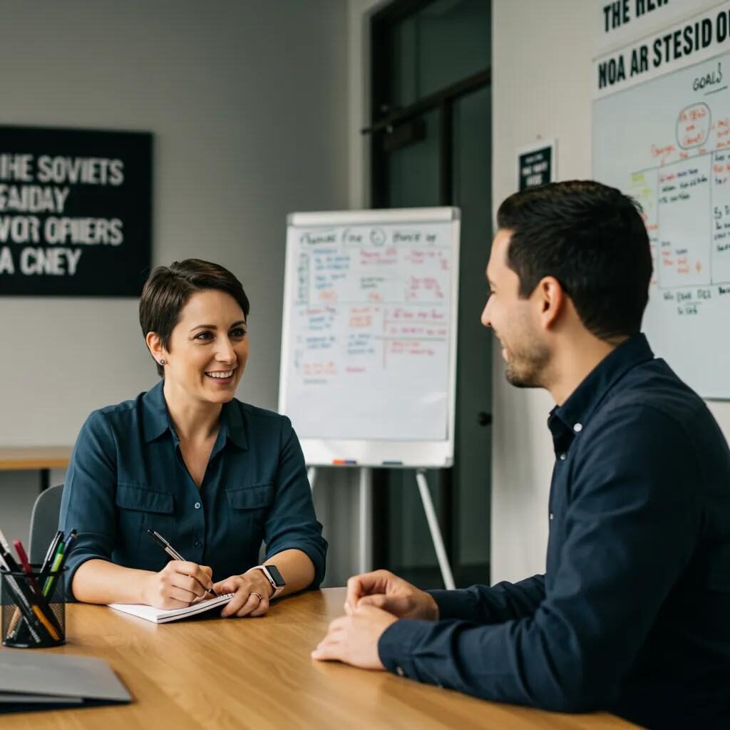 A recovery coach and client engaged in a goal-setting session, illustrating support for long-term sobriety