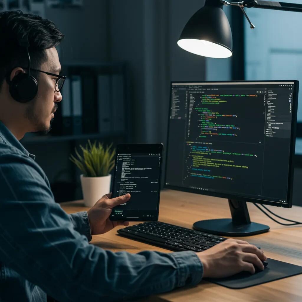 Person reviewing code on a tablet and monitor in a modern office setting, illustrating DevSecOps practices and continuous integration in software development.