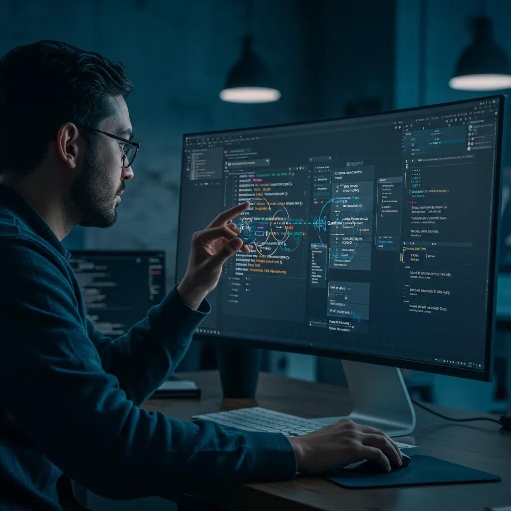 Software engineer developing a continuous delivery pipeline on a dual-monitor setup, with code and visualizations displayed, emphasizing DevOps methodologies and automation.