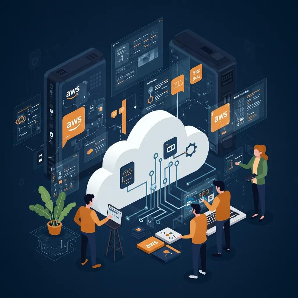 Team collaborating on AWS automation strategies with visual representations of AWS services in a cloud environment