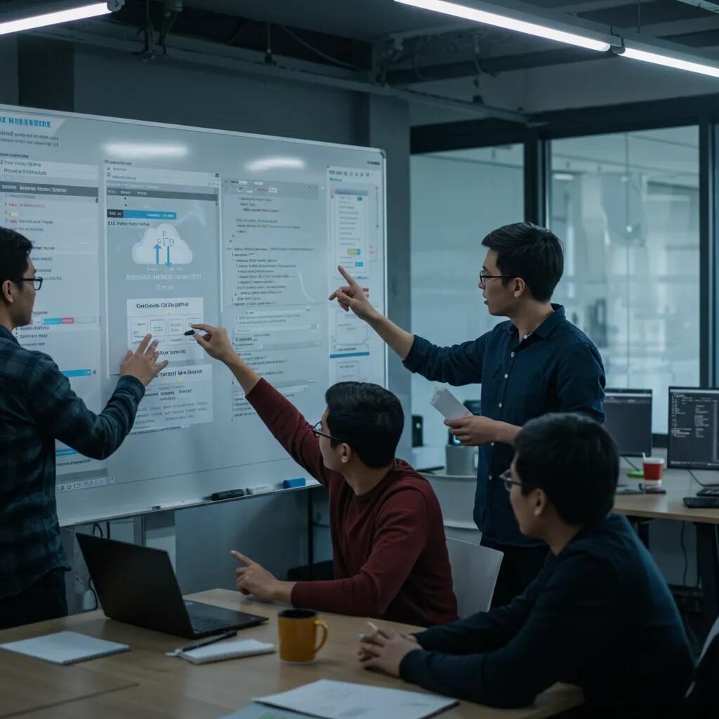 Team of cloud professionals collaborating over Git commands and cloud architecture, illustrating teamwork in AWS and HashiCorp environments